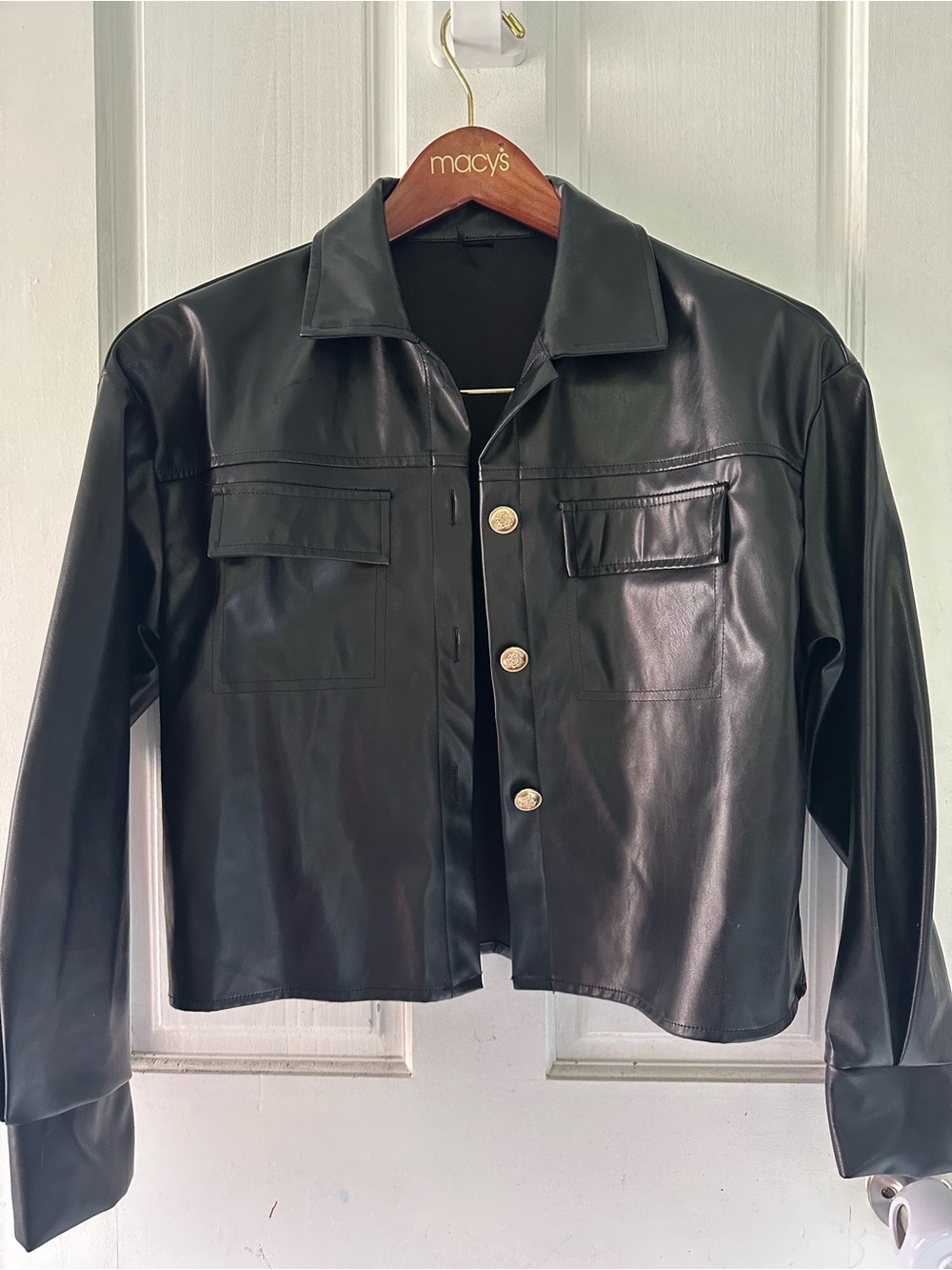 🌻 Black Vegan Leather Gold Button-Front Cropped Blazer Jacket 🌻